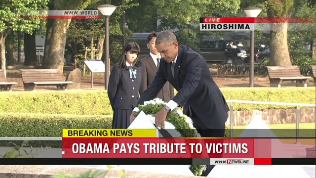 Theo thông tin mới nhất,  Tổng thống Obama đã tới thăm thành phố Hiroshima và tới đặt vòng hoa tưởng nhớ các nạn nhân trong vụ Mỹ thả bom nguyên tử xuống thành phố này năm 1945 tại Công viên Tưởng nhớ Hòa bình Hiroshima.